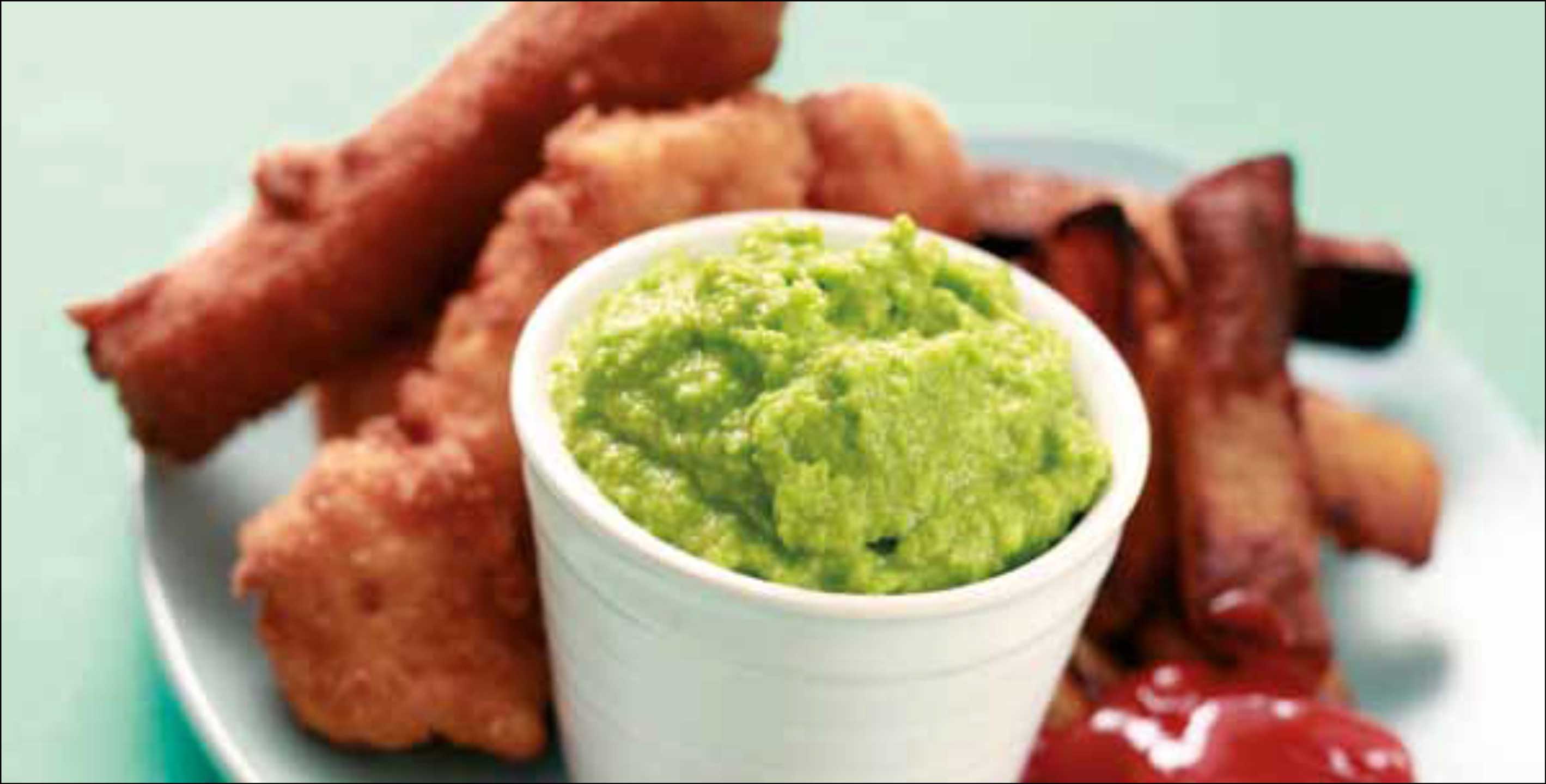 Fish Goujons with Pea Puree and Potato Wedges