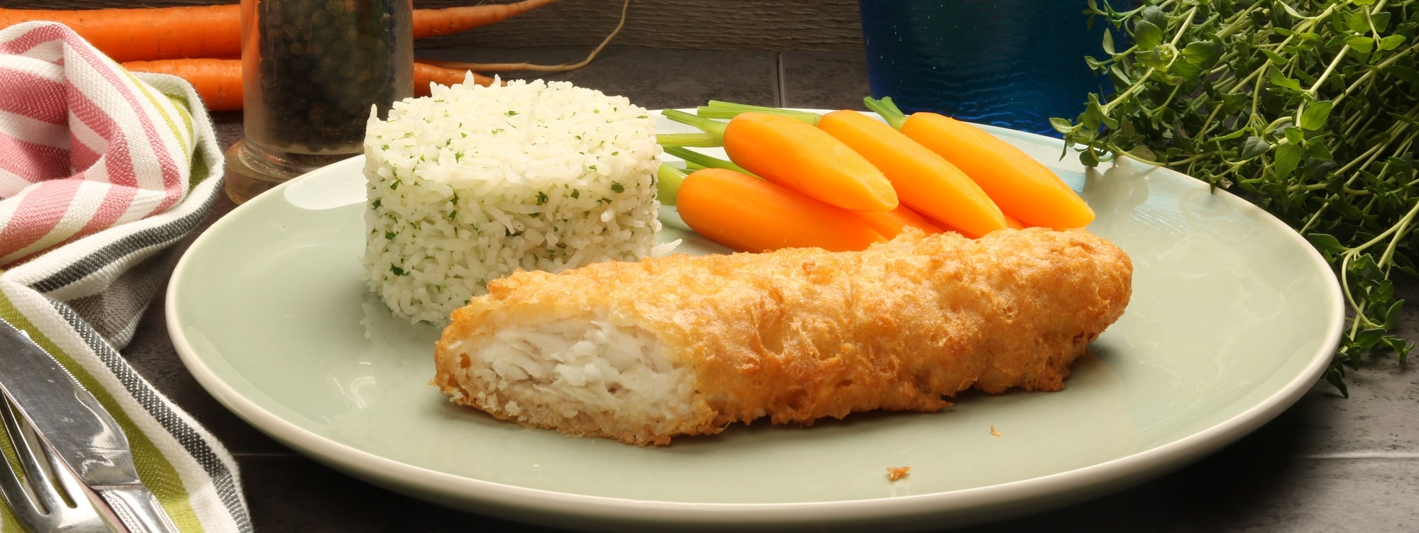 battered fish with thyme rice  baby carrots