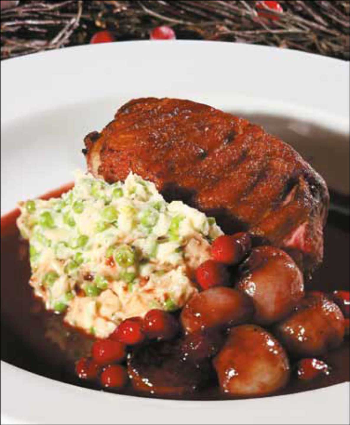 Honeyed Duck with Pea and Potato Mash with Shallots Glazed in Red Wine Sauce