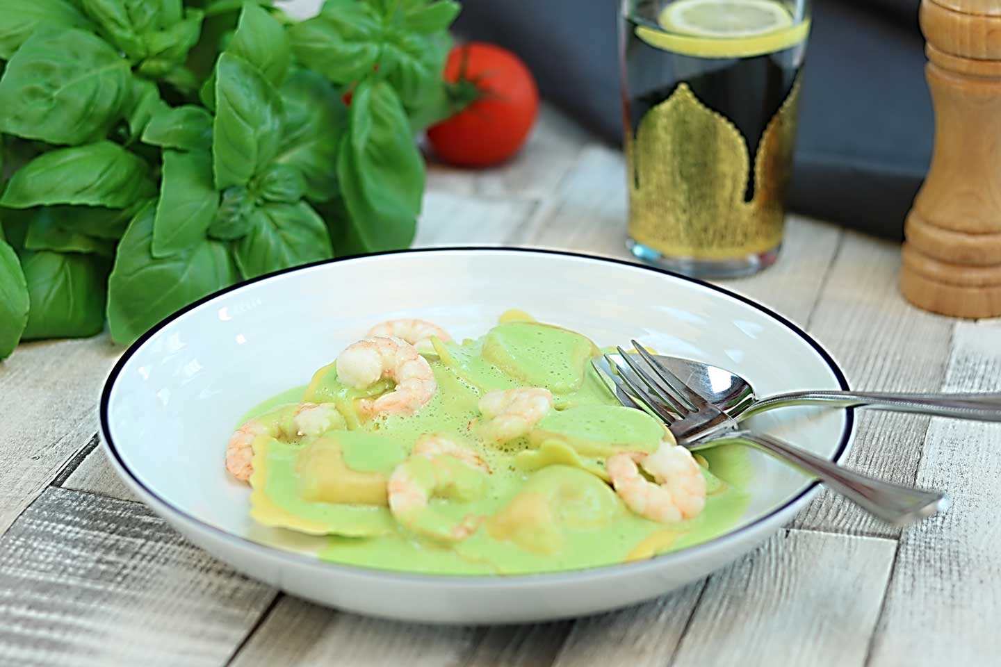 Iberian Ham Ravioli with Peas & Prawns