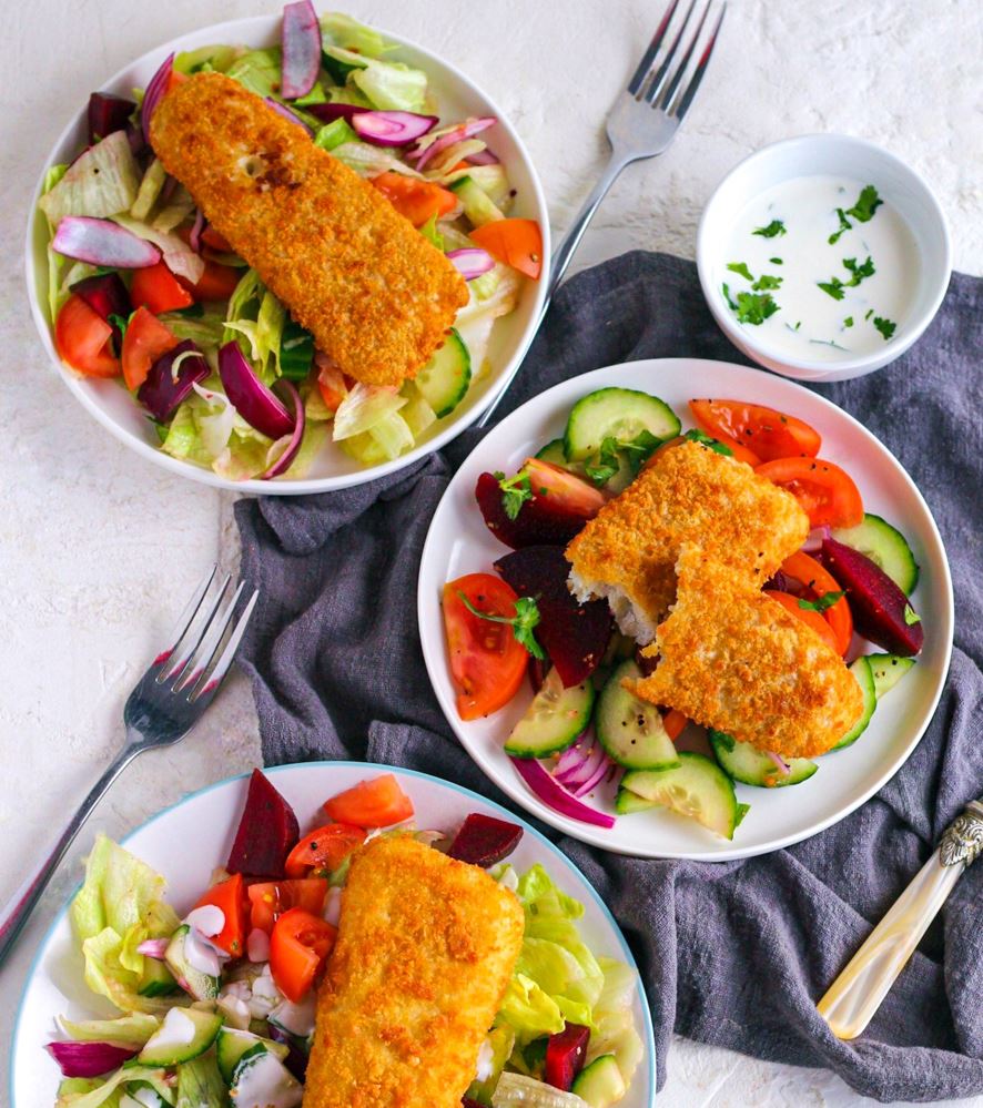 Breaded Cod with Colourful Salad