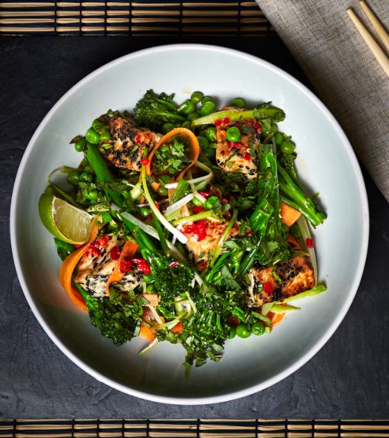 Asian Peas, Tenderstem Broccoli and Tofu Salad with Black Sesame Seeds & Lime Dressing
