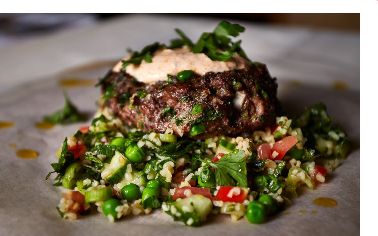 Mint and Pea Lamb Kofta Burger with Harissa Yoghurt and Pea, Mint and Cucumber Tabbouleh