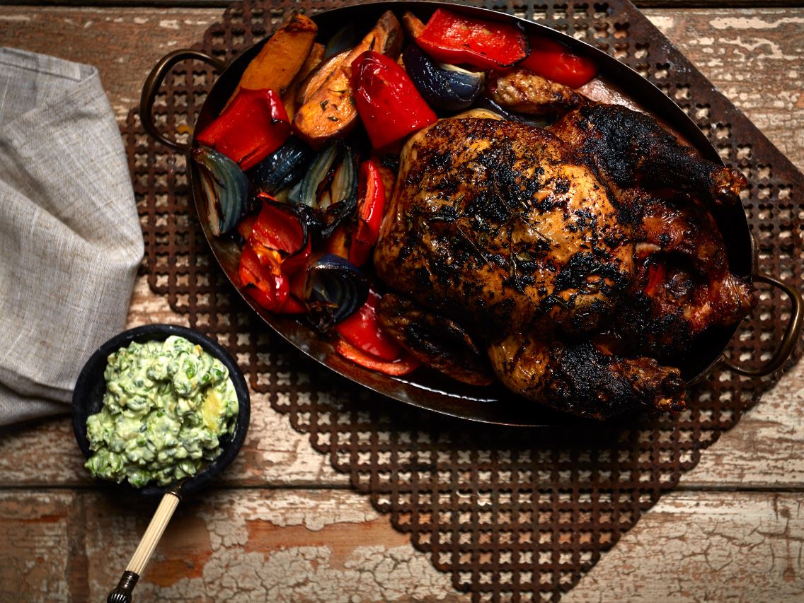 Roast Chicken with Sweet Potato and Orange with a Pea and Avocado Salsa