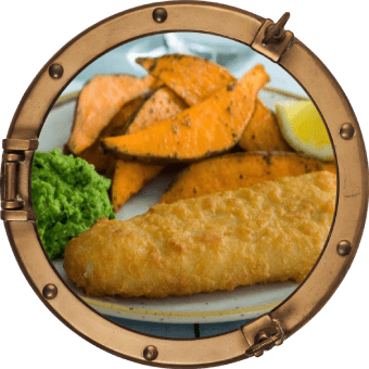 BATTERED COD FILLETS WITH SWEET POTATO WEDGES AND PEAS